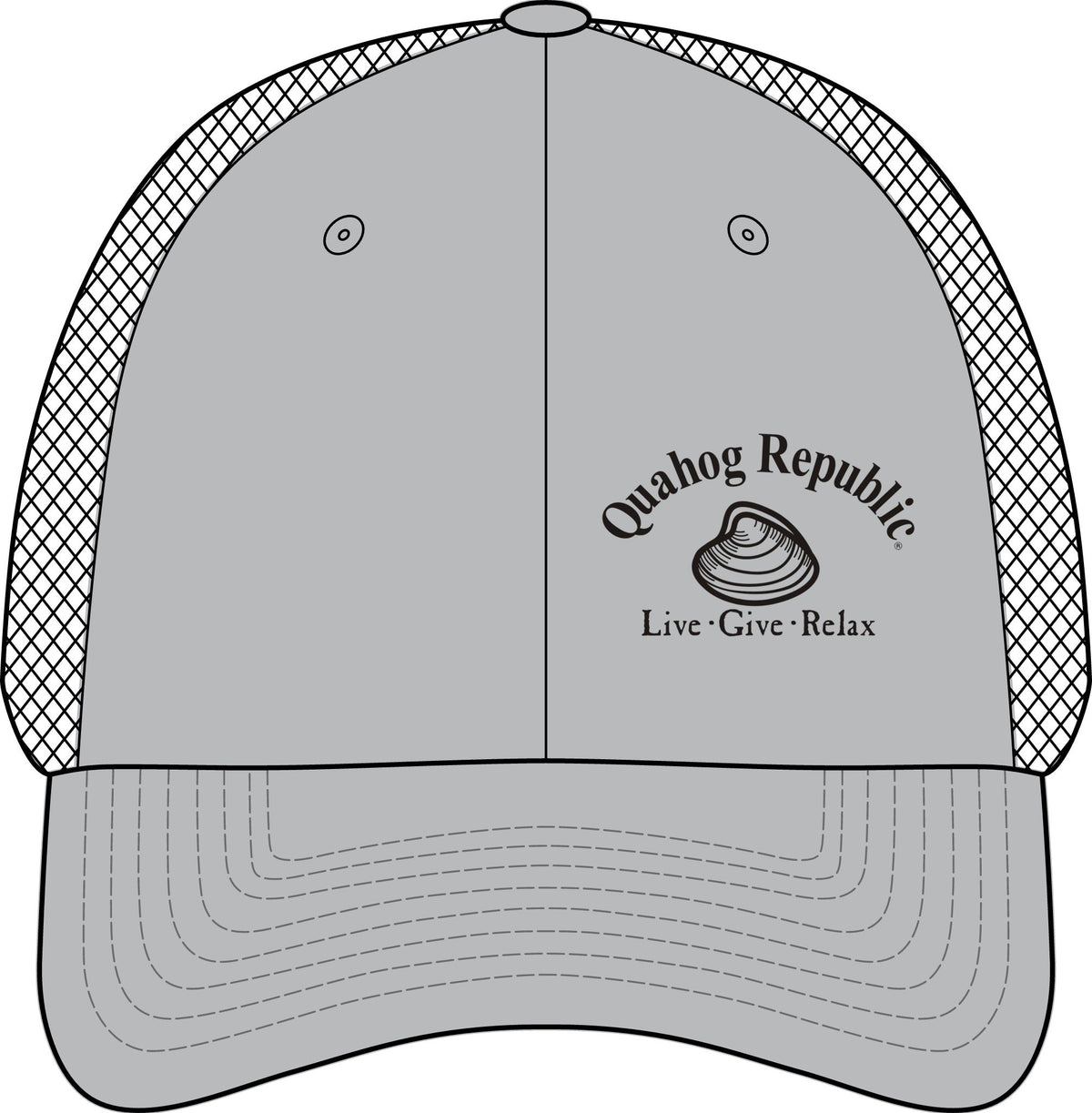 Tri-Tone Mesh Back Cap — Quahog Republic "Live • Give • Relax" Embroidered Trucker Hat