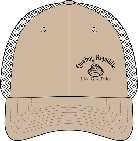 Tri-Tone Mesh Back Cap — Quahog Republic "Live • Give • Relax" Embroidered Trucker Hat