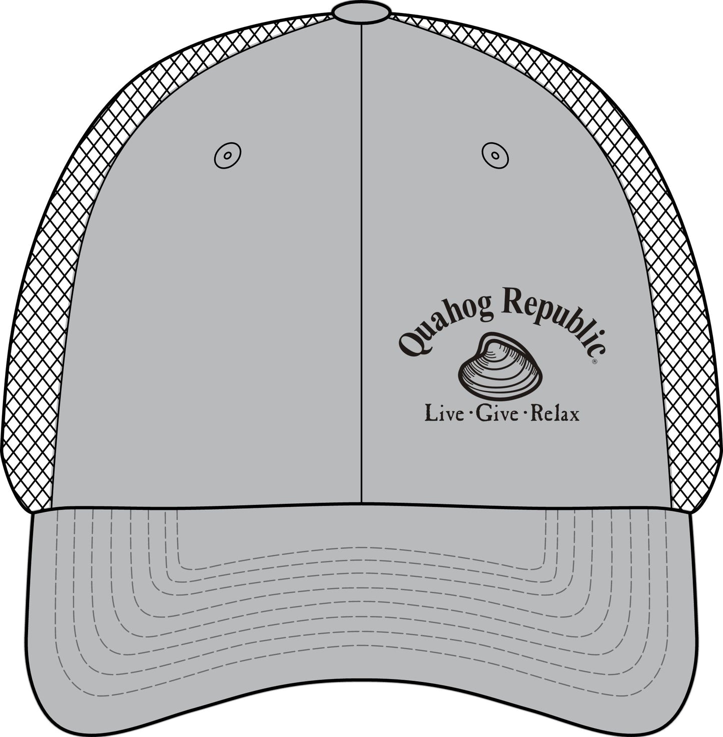 Tri-Tone Mesh Back Cap — Quahog Republic "Live • Give • Relax" Embroidered Trucker Hat